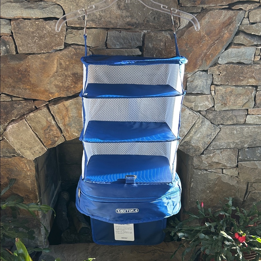 Tabitora Blue Hanging Closet Organizer with 4 Shelves; Folds into small cube;NWT